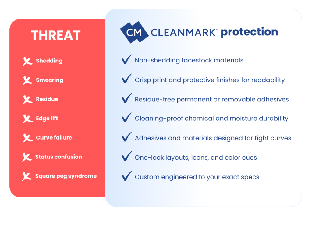 Cleanroom equipment tracking log label threats and CleanMark protections against them

Threat

- Shedding
- Smearing
- Residue
- Edge lift
- Curve failure
- Status confusion
- Square peg syndrome

CleanMark protection

- Non-shedding facestock materials
- Crips print and protective finishes for readability
- Residue-free permanent or removable adhesives
- Cleaning-proof chemical and moisture durability
- Adhesives and materials designed for tight curves
- One-look layouts, icons, and color cues
- Custom engineered to your exact specs